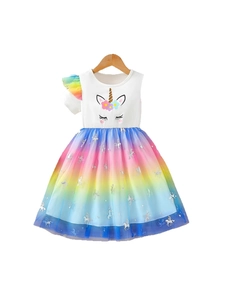 Girl's white unicorn dress with rainbow tutu skirt and colorful flutter sleeve detail