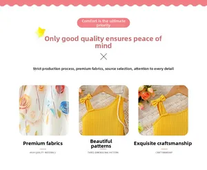 Close-up of yellow ribbed knit floral dress with rose print and bow shoulder straps