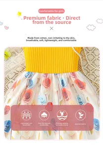 Detail of soft cotton floral dress with yellow ribbed top and red rose print skirt