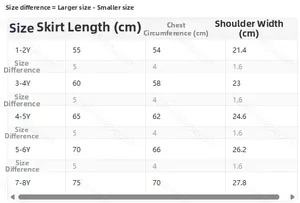 Detailed size guide table for girls summer bow tulle dress with length and chest measurements