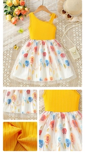 Detail of yellow ribbed bodice with floral print mesh skirt for girls summer dress