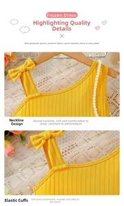 Detail of yellow ribbed knit dress showing bow shoulder straps and elastic cuffs