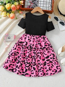 Cold-shoulder girls' summer dress with black ribbed top and pink leopard print tiered skirt