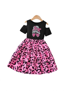Girls summer dress with black cold-shoulder ribbed top and pink leopard tiered skirt