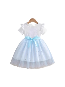 Short sleeve baby girl dress with white knit top, blue mesh skirt and silver moon sequins