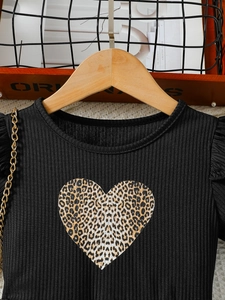 Girls black ribbed short sleeve top with leopard print heart and gold chain detail