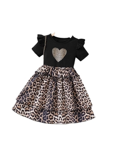 Girls' leopard print patchwork mesh dress with ruffled sleeves and heart pattern