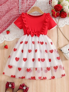 Robe De Princesse À Manches Courtes Pour Filles Rouge Blanc Patchwork Jupe En Tulle À Cœurs Pailletés Avec Nœud Pour Fillettes