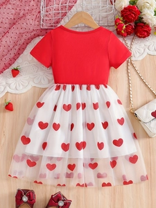 Robe de princesse rouge à manches courtes pour filles avec paillettes coeur et tulle