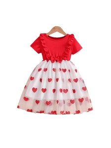 Robe de princesse rouge à manches courtes pour filles avec cœurs pailletés et jupon en tulle