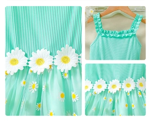 Detail of mint green toddler dress featuring daisy appliques and soft tulle fabric layers