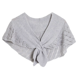 Light gray knitted shawl with hollow wave pattern and front knot on white background