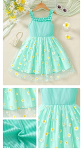Detailed views of mint green girls daisy tulle dress with knit bodice and mesh skirt