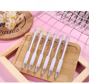 Detail shot of 6 retractable transparent gel pens with white soft rubber grips in a tray