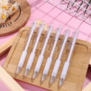 Set of six transparent retractable black gel pens with soft grips on a wooden tray
