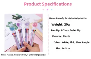 Close-up of a butterfly-topped 10-color ballpoint pen with 0.7mm tip and glitter disk
