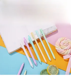 Detailed view of six colorful macaron gel pens neatly arranged on a white notebook