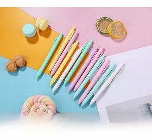 Set of pastel macaron retractable gel pens in various candy colors on creative background