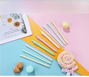 Close-up of candy-colored 0.5mm gel pens in Macaron pastel shades on a colorful desk
