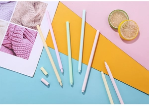 Detail of 0.5mm macaron gel pens showing needle point tip and minimalist matte barrel design