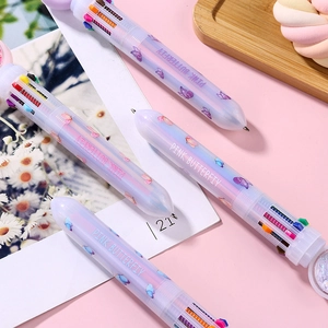 10-color retractable ballpoint pen with pink butterfly design and clear purple barrel