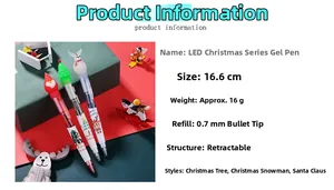 Close-up of LED Christmas ballpoint pens with Santa and snowman themes on a festive tray