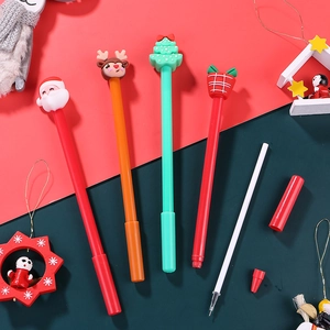 Christmas neutral pen set featuring Santa Claus, reindeer, and tree toppers with refills