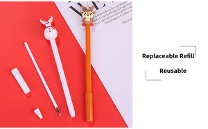 Detail of Christmas gel pens with reindeer and snowman toppers and replaceable ink refills