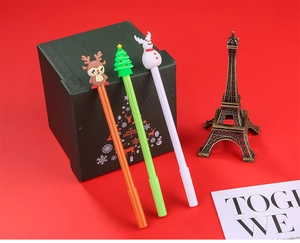 Detailed view of Christmas gel pens featuring reindeer, tree, and snowman silicone toppers