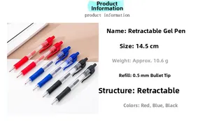 Detail specifications of 0.5mm retractable gel pens in red, blue and black ink options
