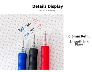 Macro shot of 0.5mm gel pen nibs writing smoothly in blue, black, and red ink