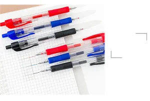 Detail of retractable gel pens in three colors showing anti-slip grips and smooth ink flow