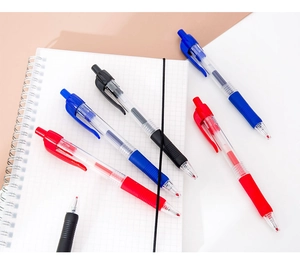 Close-up of retractable gel pens in red, blue, and black with anti-slip rubber grips