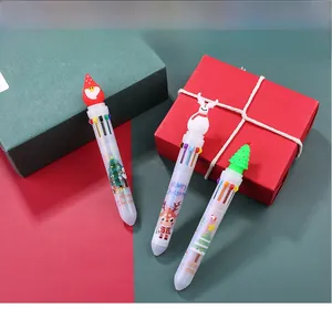 Detail of Christmas retractable 10-color ballpoint pens with Santa and reindeer toppers
