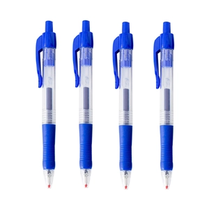 Set of four blue retractable gel pens with transparent barrels and rubber grips