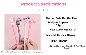 Detail of four cute animal-themed gel pens with silicone grips and 0.5mm tips