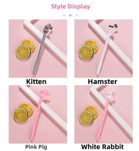 Close-up of cute cartoon cat hamster pig and rabbit gel pens with charms