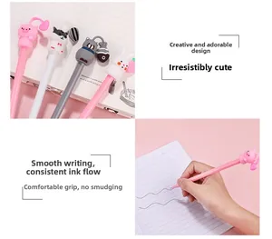 Detail of cute animal-themed gel pens featuring pig and cat silicone toppers with smooth writing