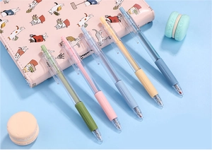 Close-up of Morandi retractable gel pens with soft rubber grips on a lifestyle background