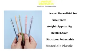 Detailed specs of Morandi 0.5mm gel pens showing 14cm length and retractable design