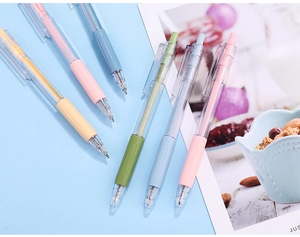 Close-up of Morandi retractable pens with macaron rubber grips and transparent barrels