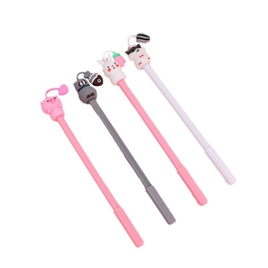 Set of four cute silicone cartoon pens with animal charms in soft pastel macaron colors