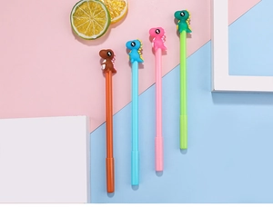 Detailed view of four colorful cartoon dinosaur pens in orange, blue, pink, and green colors
