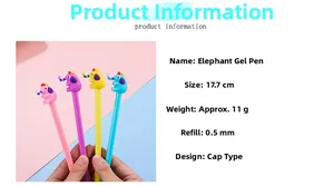 Detailed view of creative elephant gel pens showing 17.7cm length and 0.5mm tip size