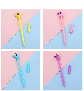 Detailed view of four colorful elephant cartoon gel pens in yellow, pink, blue and purple