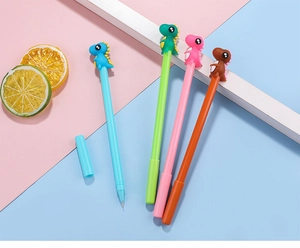 Detail of cute 3D cartoon dinosaur toppers on colorful creative gel pens for students