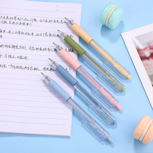 Five 0.5mm Morandi macaron retractable gel pens with soft rubber grips on a blue background