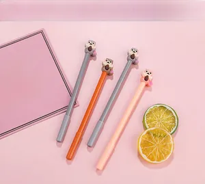 Flat lay of four cute cartoon squirrel gel pens in pastel colors with silicone toppers
