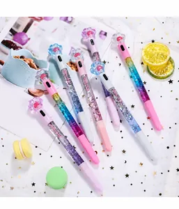 Detailed close-up of cartoon cat paw gel pens with flowing glitter and sequins inside