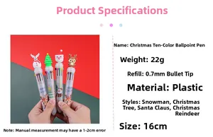 Detailed specs of Christmas 10-color ballpoint pen with Santa and reindeer toppers